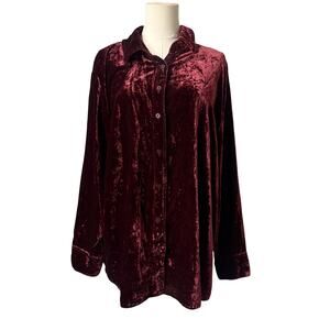 Lane Bryant Burgundy Crushed Velvet Button Down Shirt 18 Long Sleeve Holiday